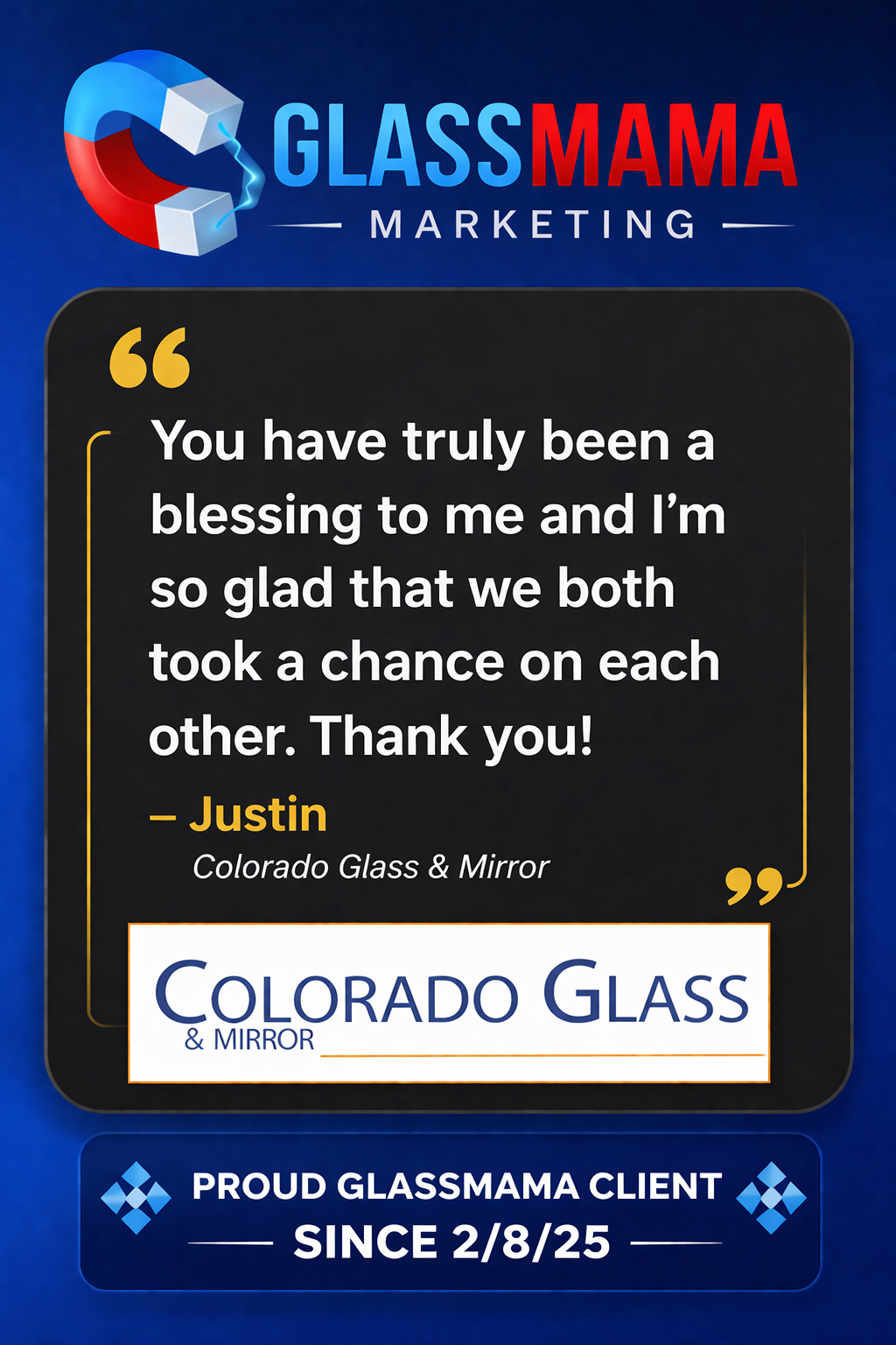 Glassmama Marketing testimonial ad with a quote and Colorado Glass logo on a blue background
