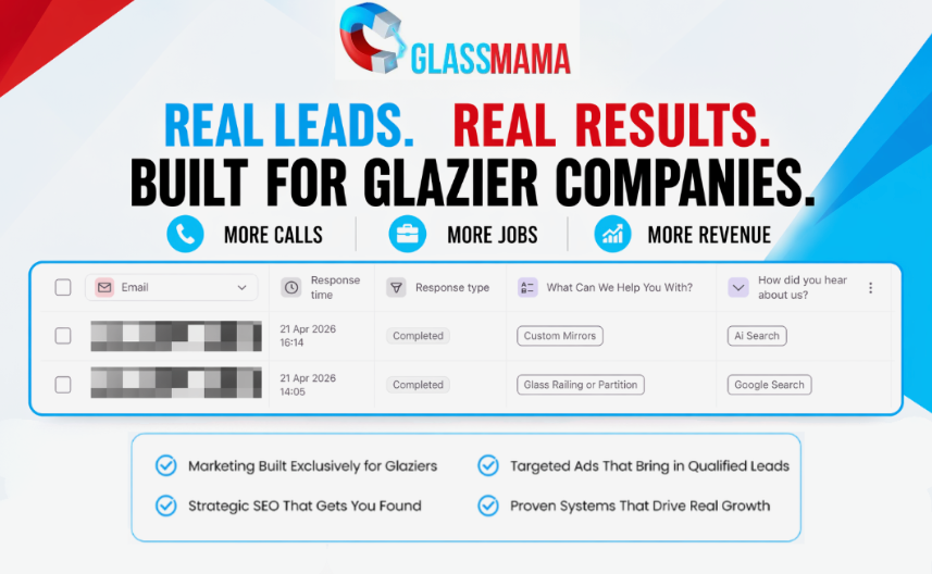 GLASSMAMA website ad with blue and red headline: “Real leads. Real results. Built for glass companies.”