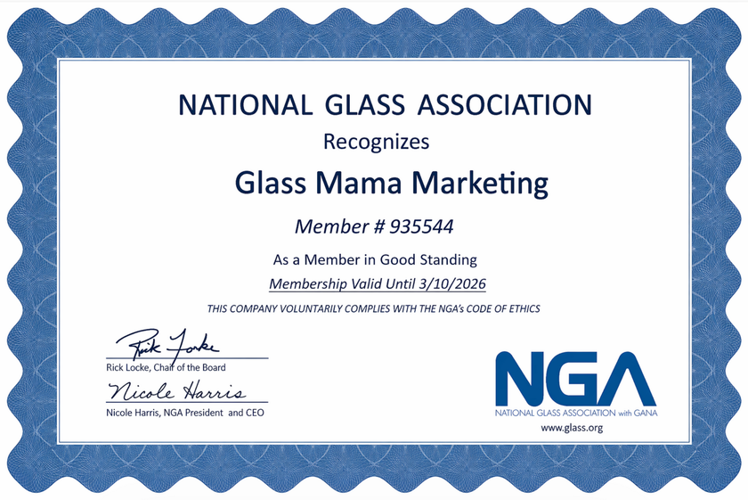 National Glass Association recognition certificate with blue scalloped border and NGA logo