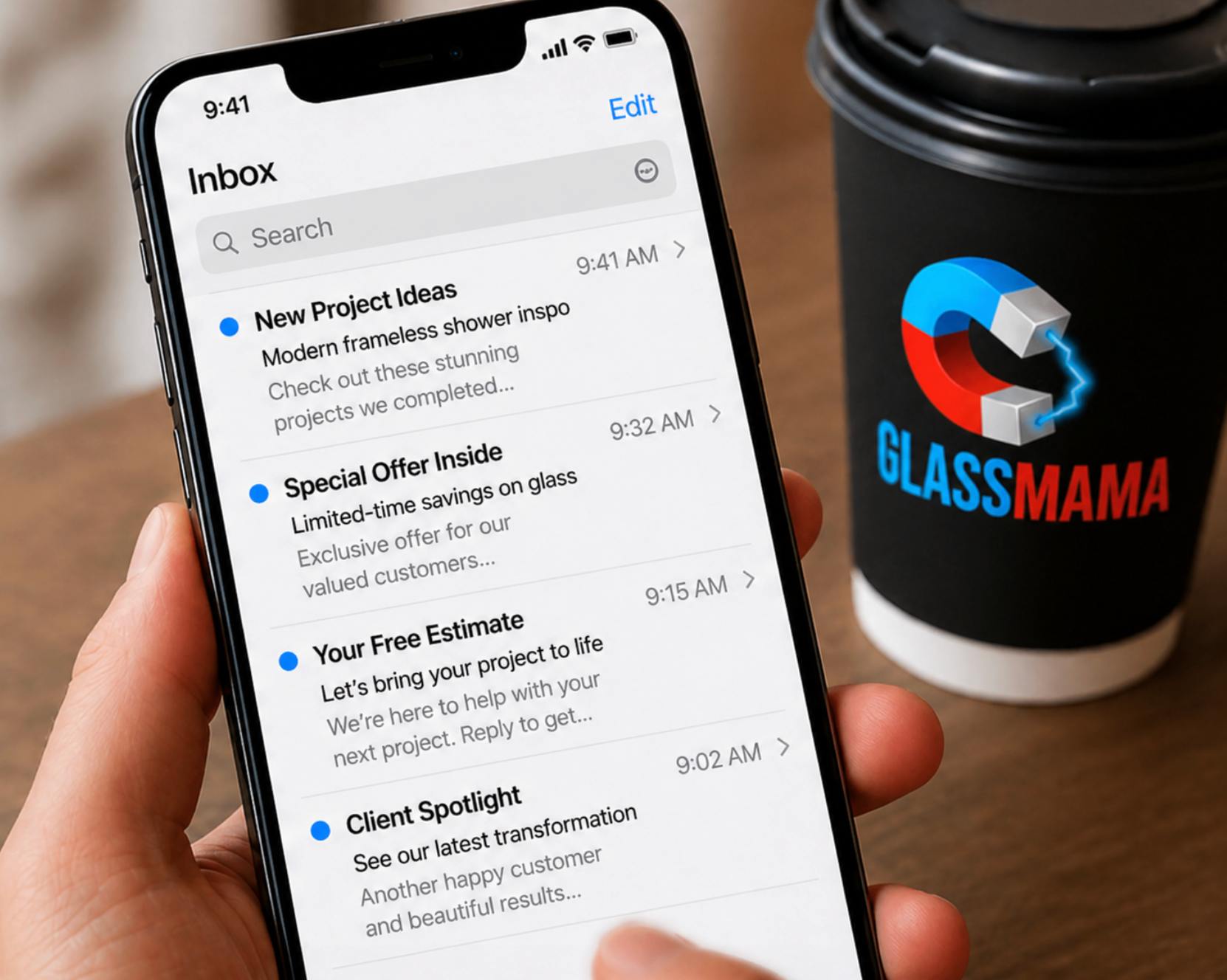 Hand holding a phone showing an email inbox beside a coffee cup with the GlassMama logo