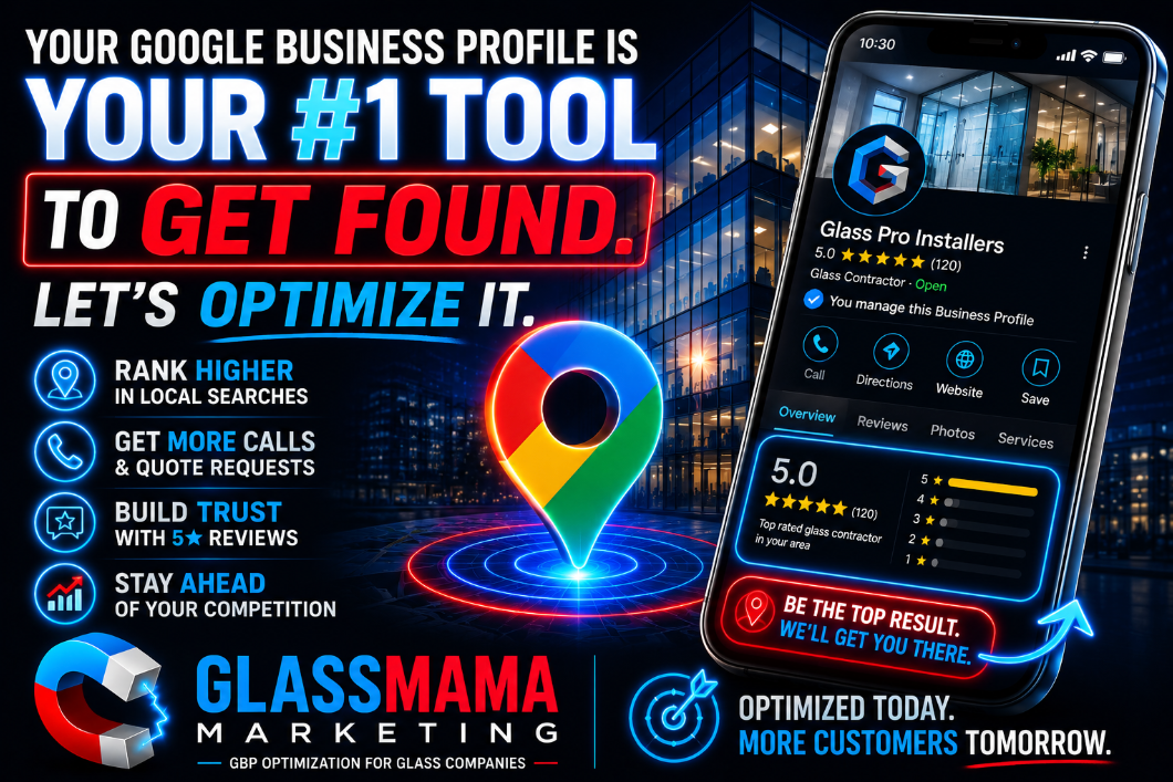 Google Business Profile ad with phone mockup, map pin, and bold blue-red text for GlassMama Marketing.