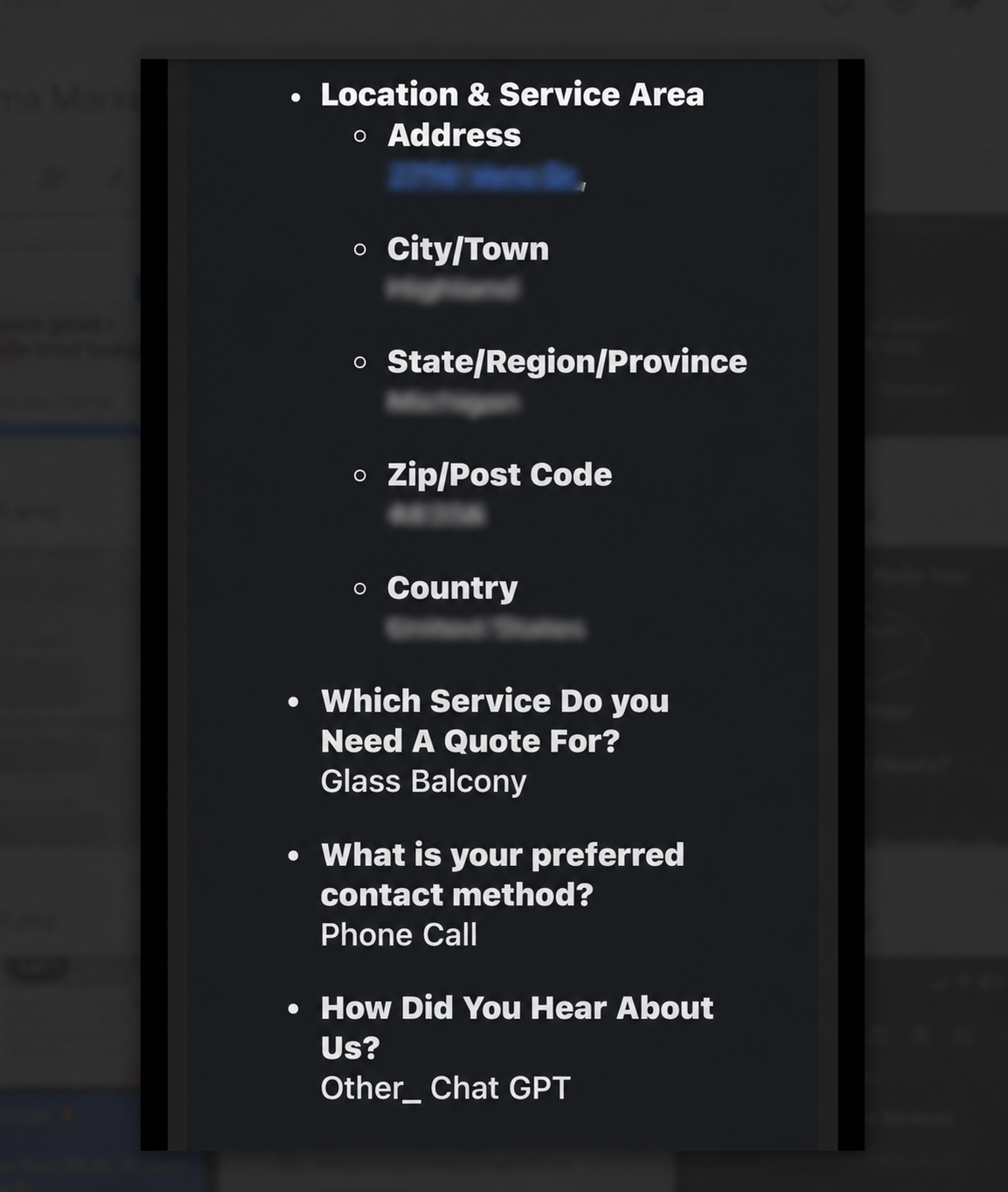 Dark form listing address, service area, preferred contact method, and referral source options.