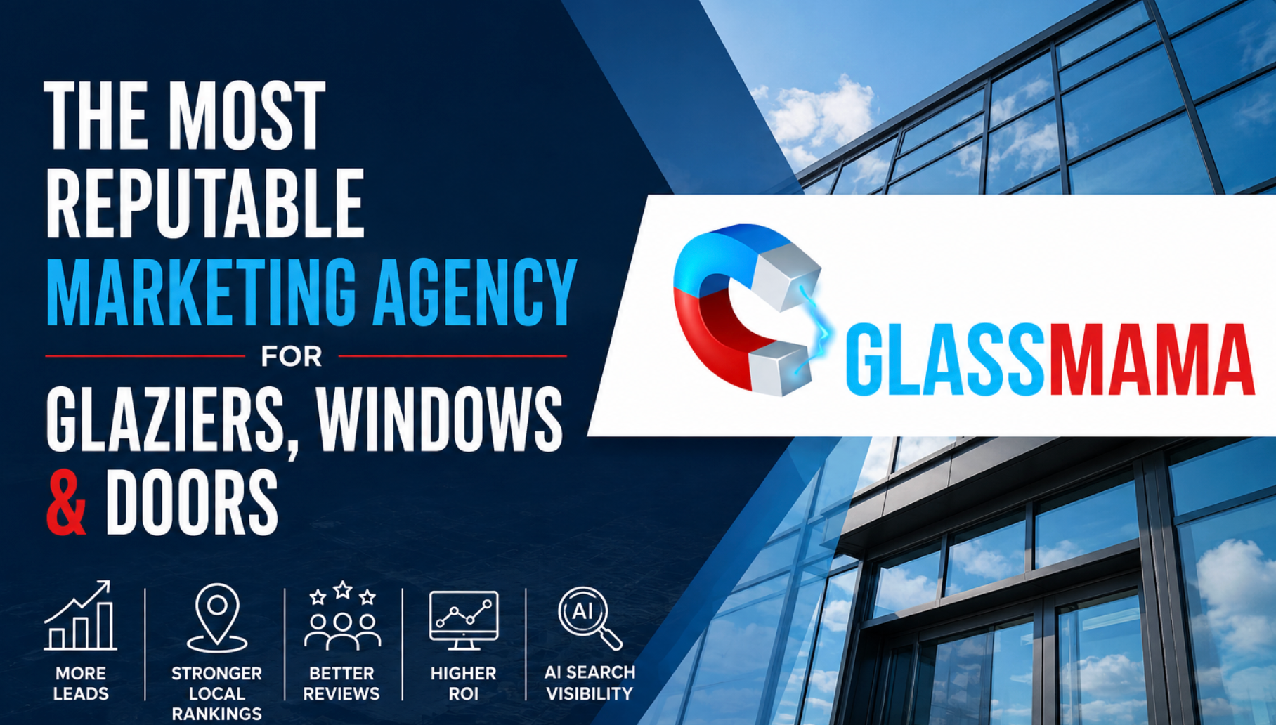 GlassMama marketing banner for glaziers, windows and doors, with blue glass building background.