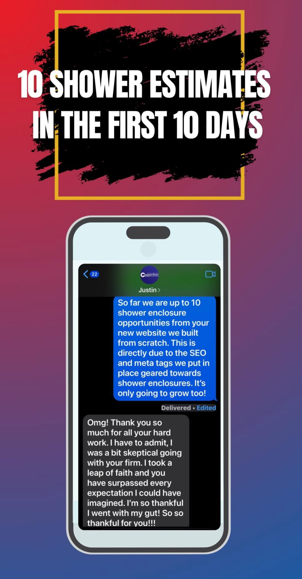 Poster reading “10 Shower Estimates in the First 10 Days” above a smartphone screenshot on a purple gradient background