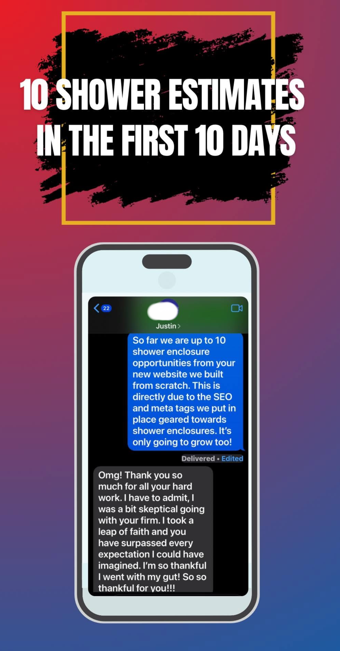 A phone displays text messages on a gradient red/blue background; the text reads