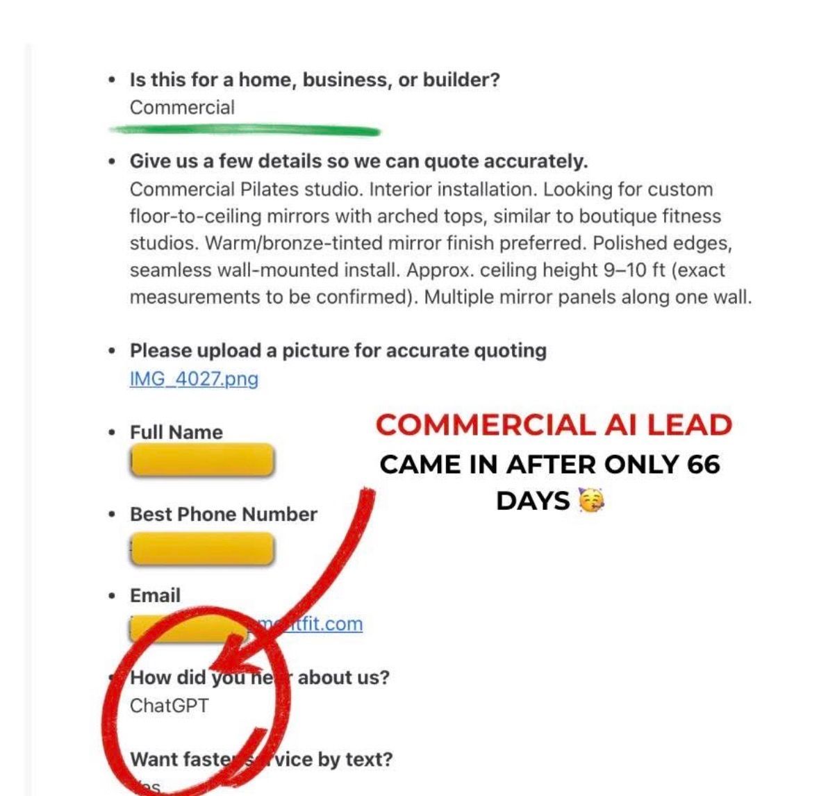 Lead form for commercial quote with yellow fields and red note: “came in after only 66 days”