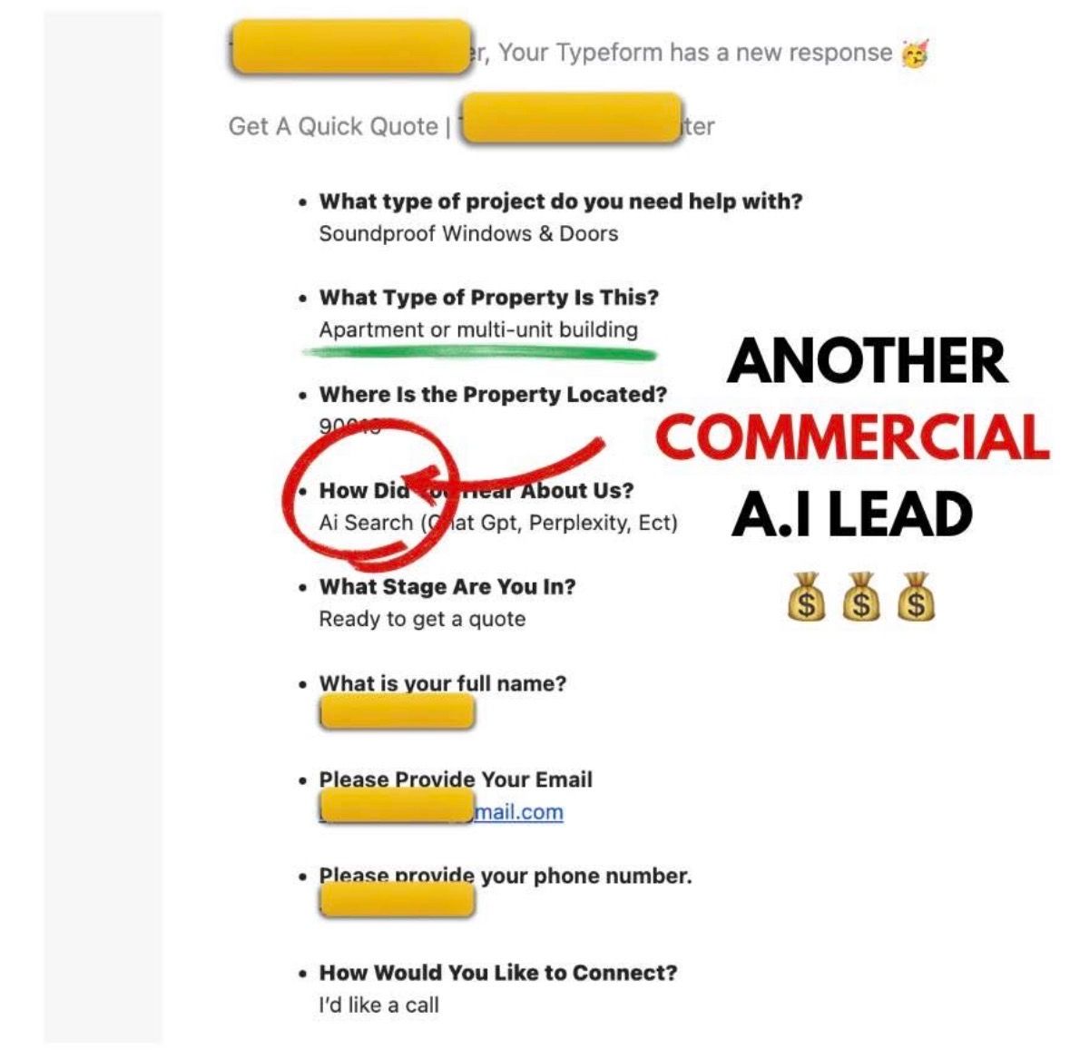 Screenshot of a form for commercial AI lead generation, with a red circled question and bold