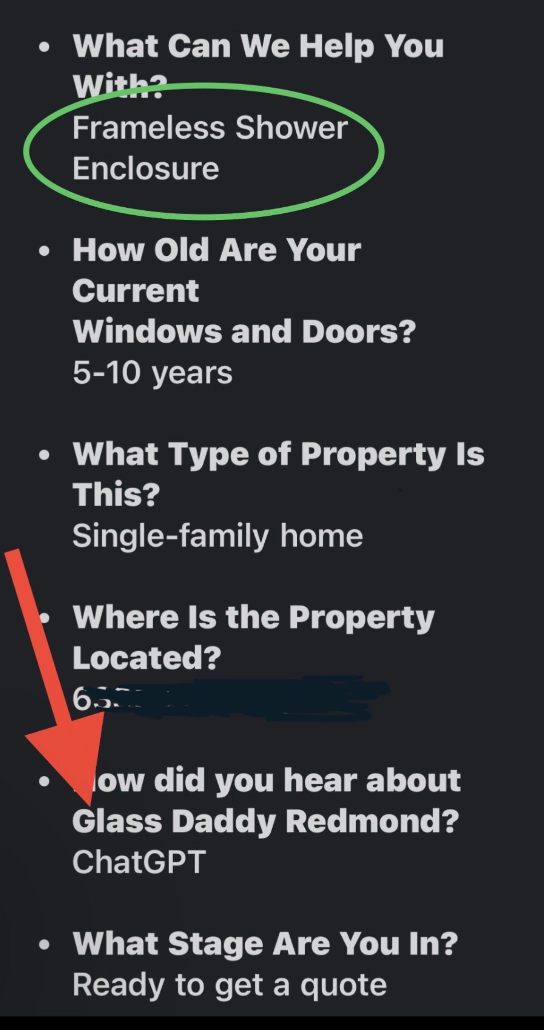 Dark form menu with circled 