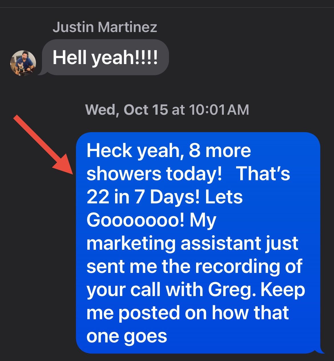 Dark-mode chat screenshot with a blue reply bubble about “8 more showers today” and a recording call with Greg.
