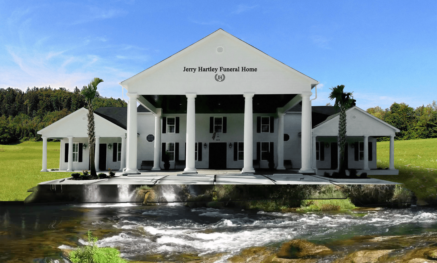 White funeral home with large columns, by a flowing stream. Green lawn, blue sky.