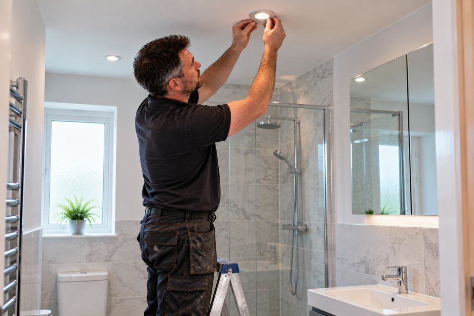 Engineer at work: bathroom lighting and electrical work