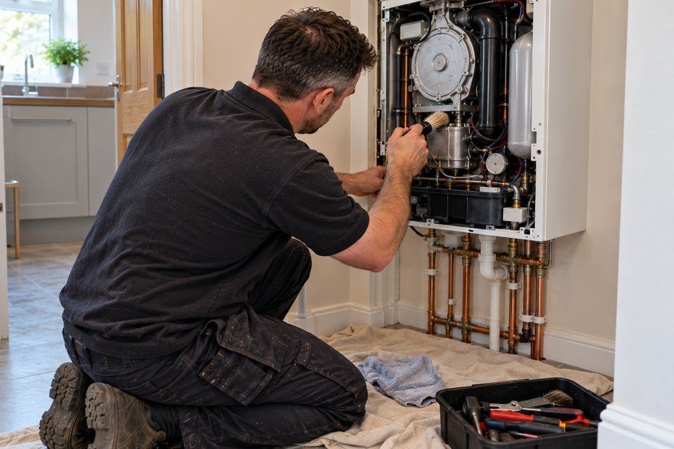 Engineer at work: boiler servicing