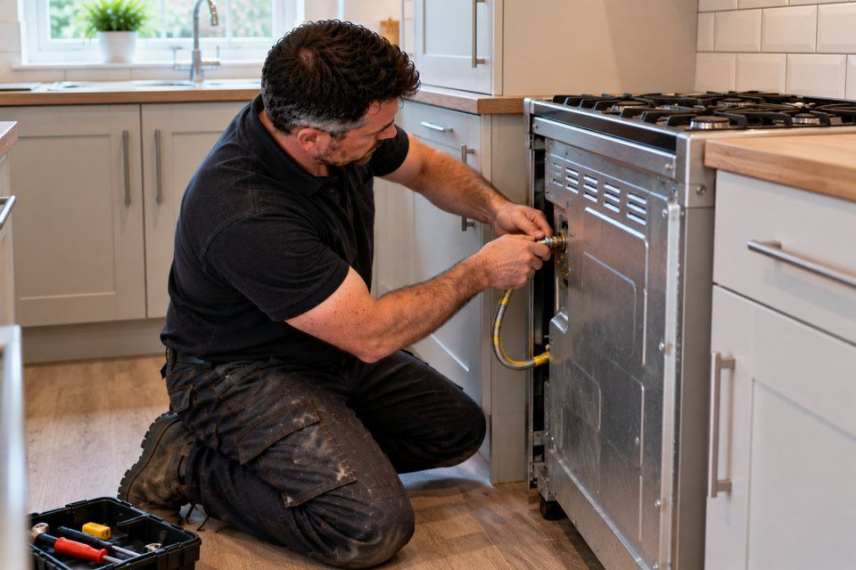 Engineer at work: gas cooker and hob installation