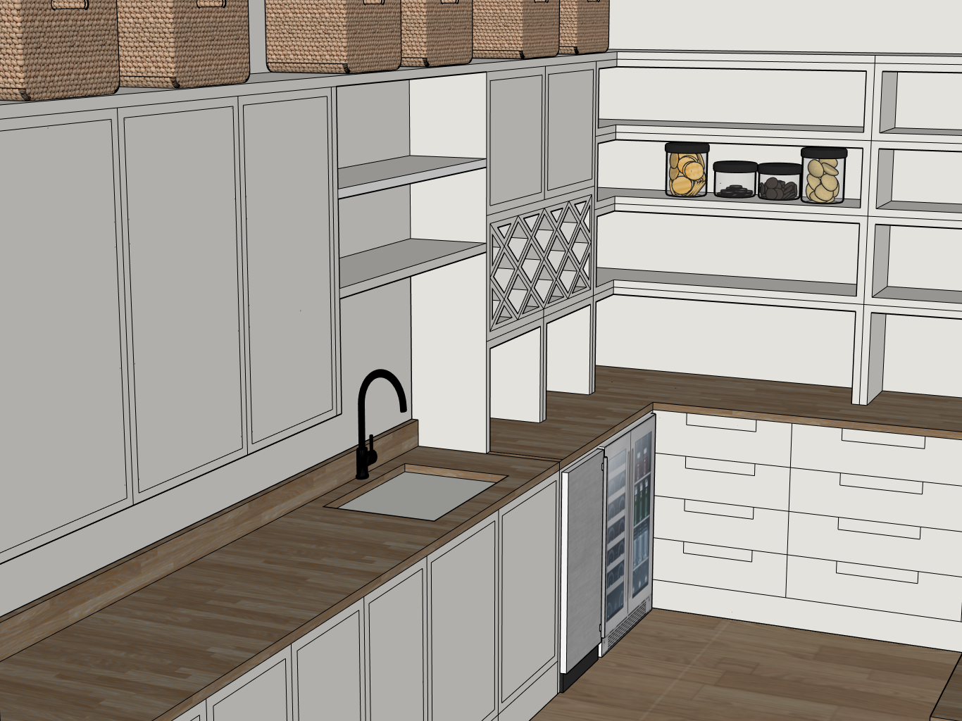 Kitchen with white cabinets, wooden countertop, black faucet, and wine rack.