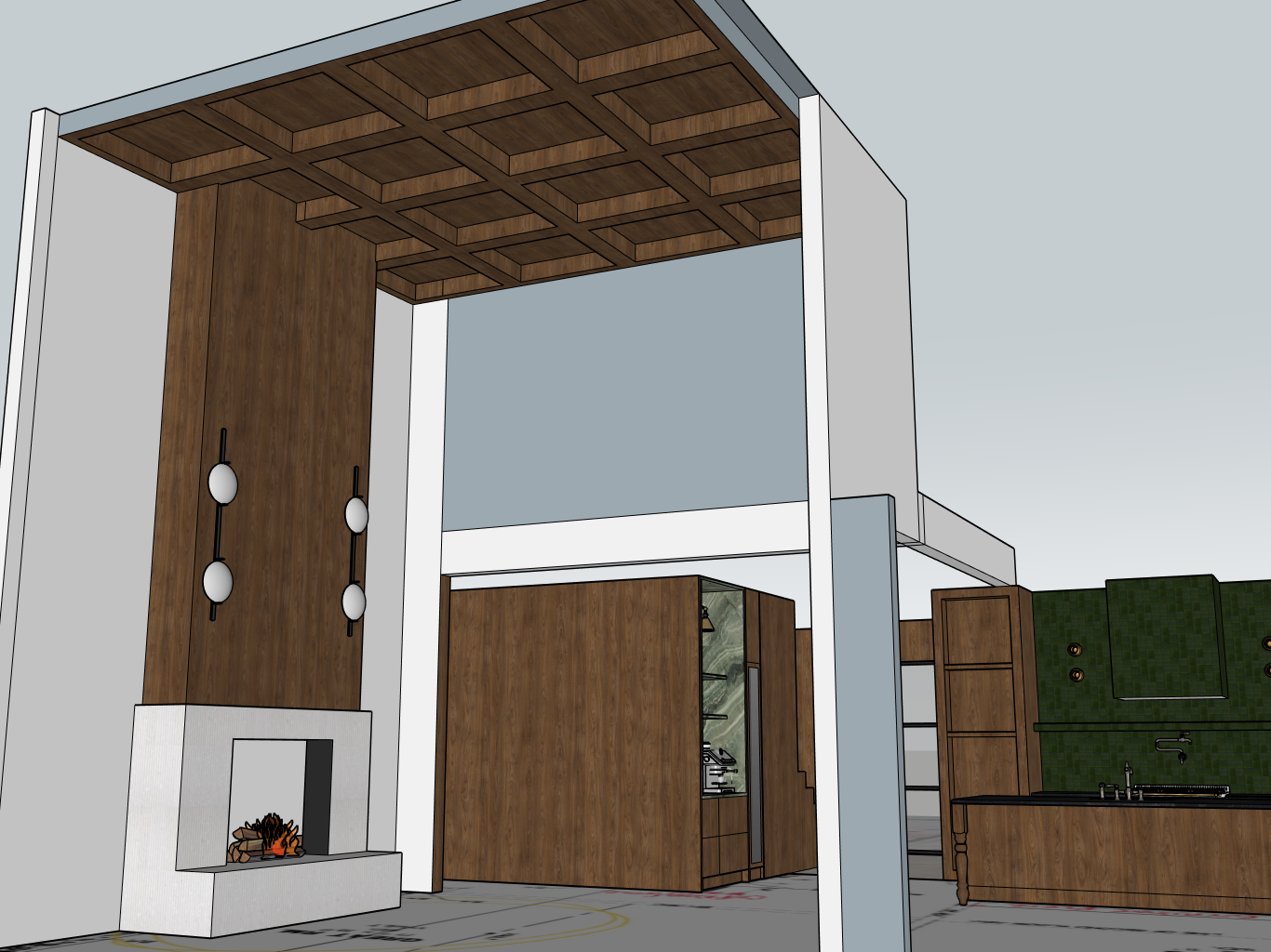 Modern interior with fireplace, wooden walls, and open design. Beige, white, brown tones.
