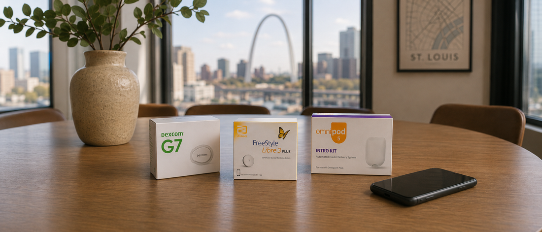 Three product boxes and a notebook on a wooden table with a city skyline in the background.