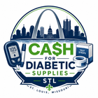 CASH for Diabetic Supplies STL logo with skyline, glucose meter, insulin pen, test strips, and St. Louis arch.