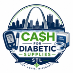 CASH for Diabetic Supplies STL logo with skyline, glucose meter, insulin pen, test strips, and St. Louis arch.