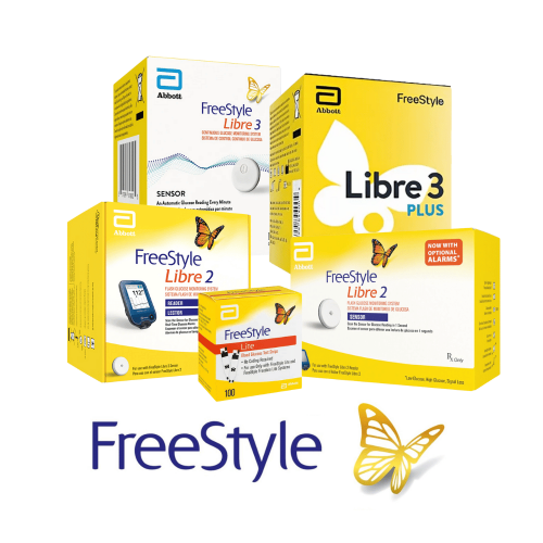 FreeStyle diabetes glucose monitor and sensor product boxes on white background
