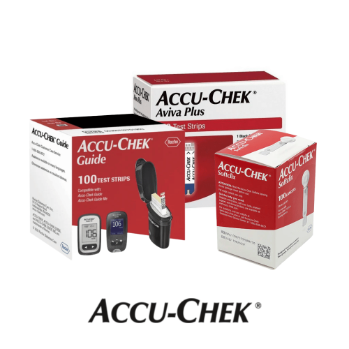 Accu-Chek diabetes testing supplies boxes in red and white packaging