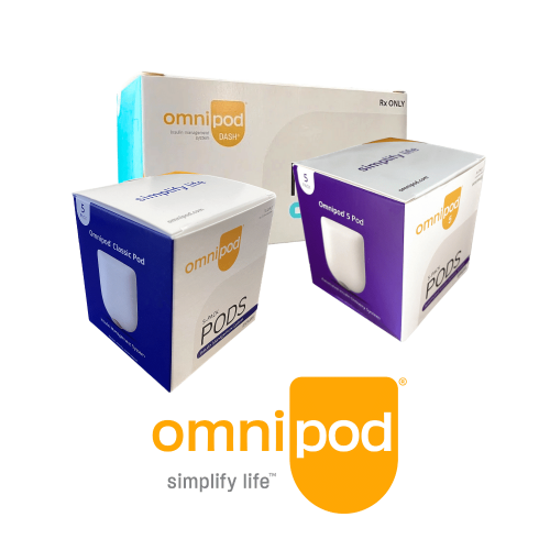 Omnipod diabetes device boxes in blue, white, and purple with Omnipod logo and “simplify life” tagline