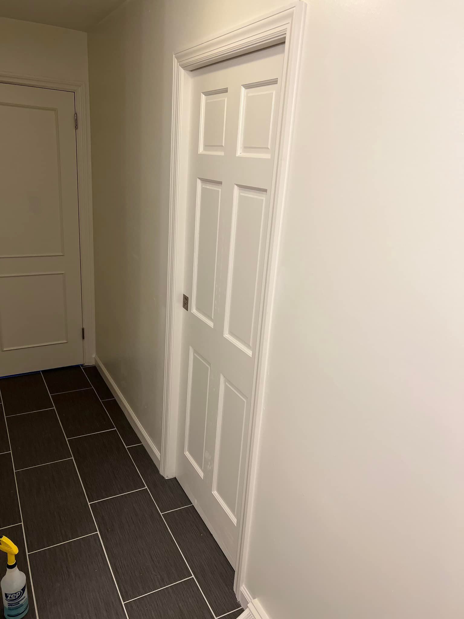 Narrow hallway with white doors and walls, and a dark tiled floor with dotted lines.