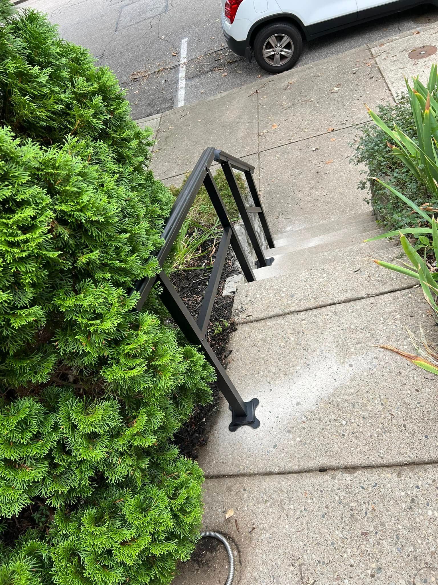 Outdoor steps with black metal handrail beside dense green shrubbery, leading toward a parked white car.