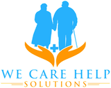Blue caregiver and elder silhouette logo with orange hands, cross, and the text “WE CARE HELP SOLUTIONS”
