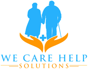 Blue caregiver and elder silhouette logo with orange hands, cross, and the text “WE CARE HELP SOLUTIONS”