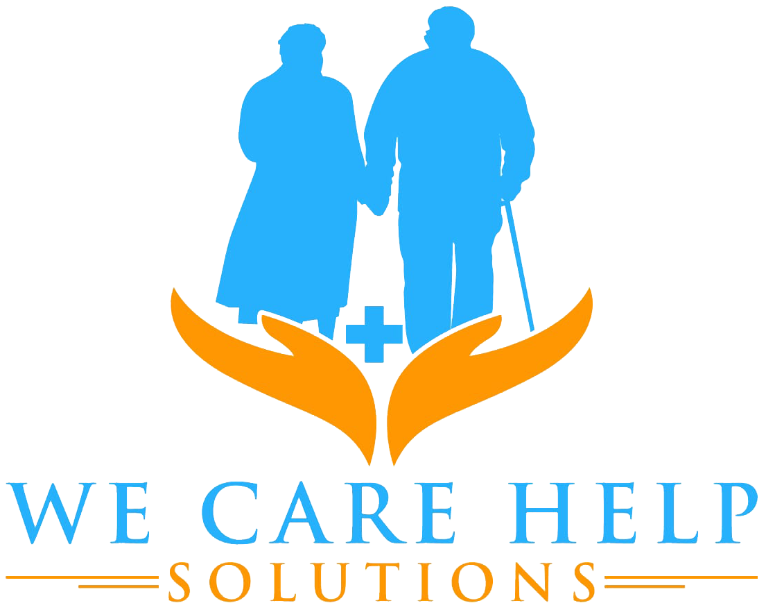 Blue caregiver and elder silhouette logo with orange hands, cross, and the text “WE CARE HELP SOLUTIONS”