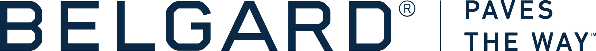 A blue and white logo for belgard paves the way