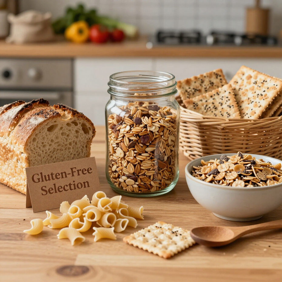 Cibi senza glutine sul bancone della cucina: pane, barattolo di cereali, cracker, pasta e una ciotola di muesli.