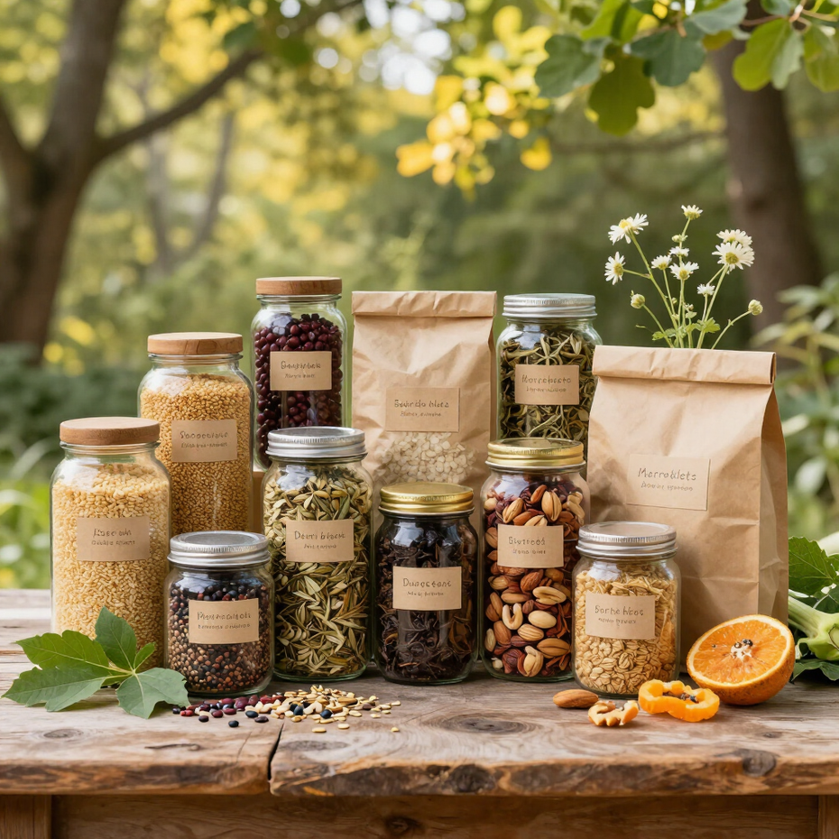 Barattoli di vetro e sacchetti di carta contenenti cereali secchi, frutta secca ed erbe aromatiche.