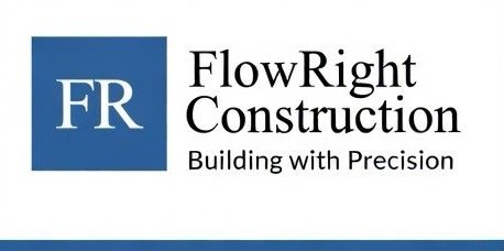 FlowRight Construction logo with blue FR icon and tagline &ldquo;Building with Precision&rdquo;