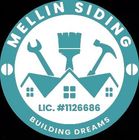 Mellin Siding logo with teal roof, tools, and “Building Dreams” text