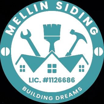 Mellin Siding logo with teal roof, tools, and “Building Dreams” text
