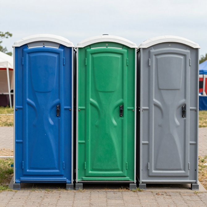 Three portable toilets in blue, green, and gray standing side by side outdoors