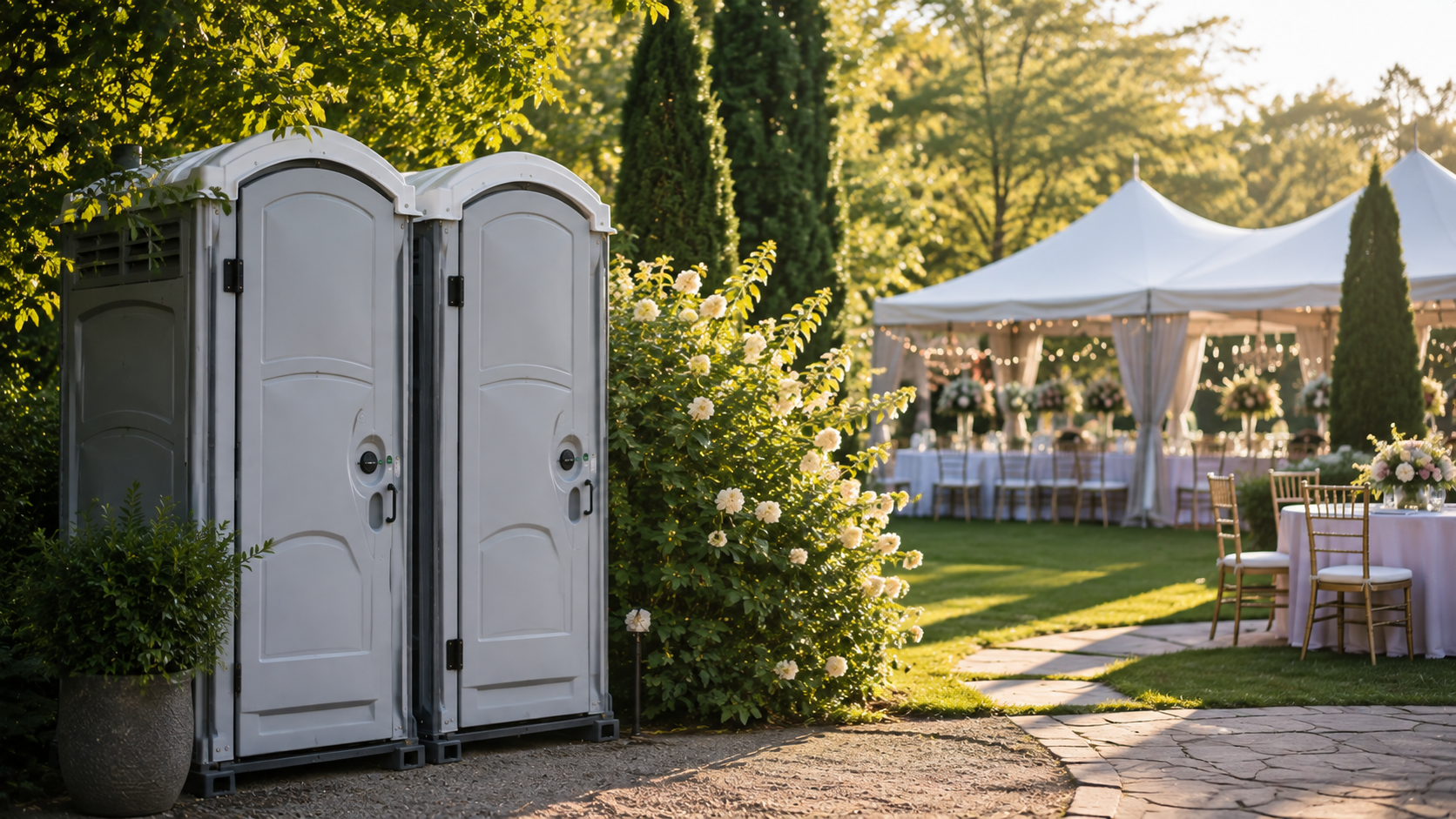White portable toilets beside a sunlit outdoor event tent and tables on a grassy lawn