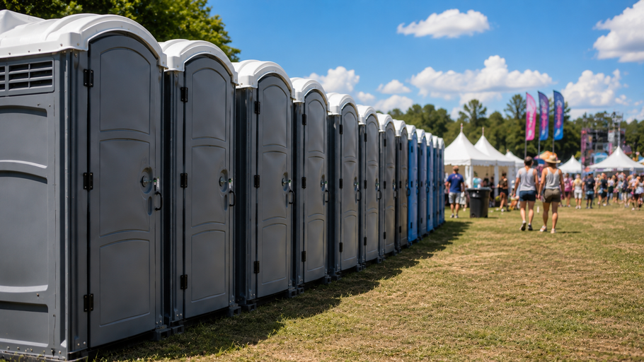 Row of gray portable toilets beside a grassy festival field with tents and people in the distance