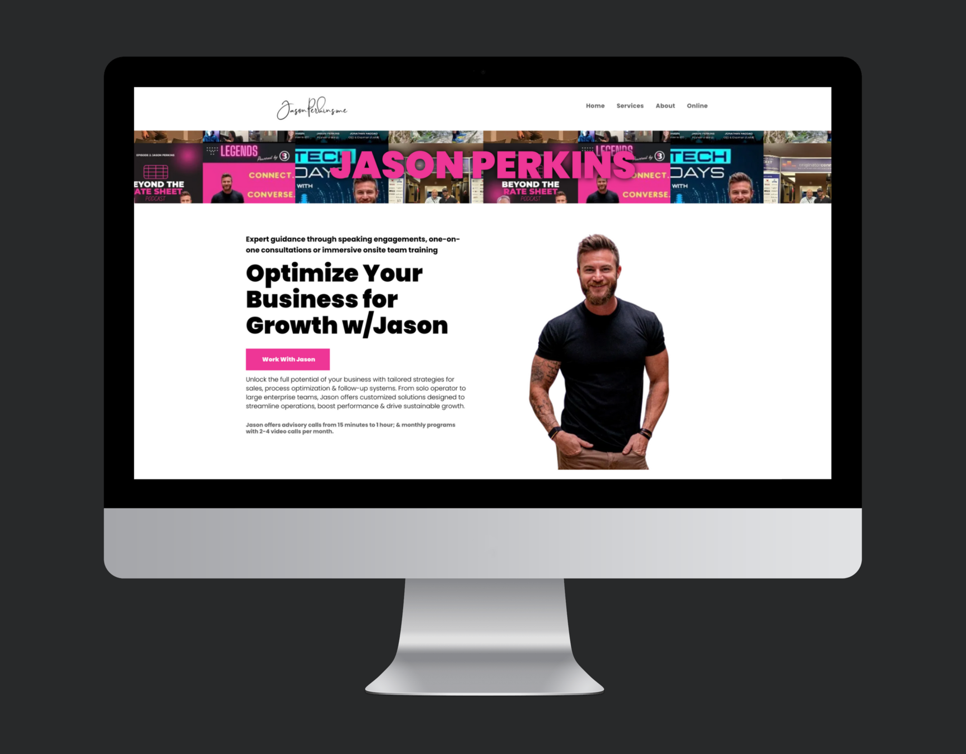 A computer monitor displaying a website for jason perkins