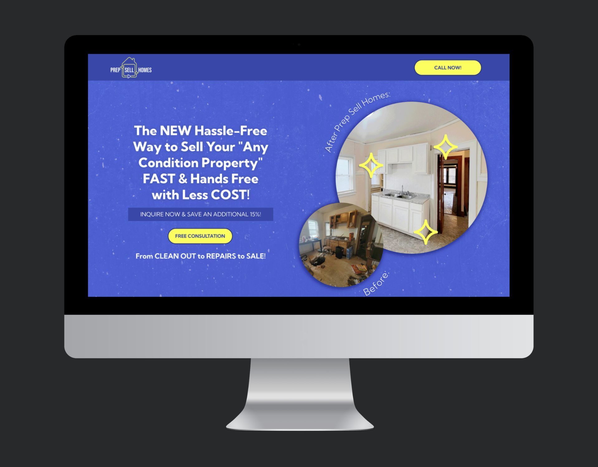 A computer monitor is displaying a landing page for a real estate website.
