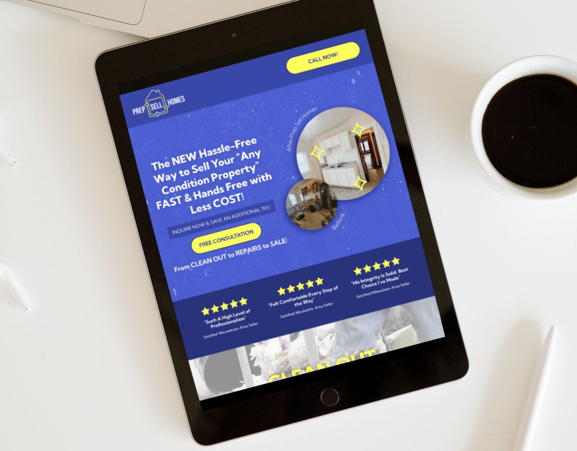 A tablet is sitting on a table next to a cup of coffee.