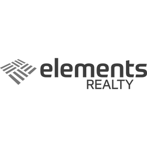 The logo for elements realty is a black and white logo.