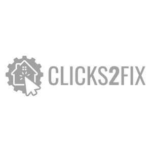 A logo for a company called clicks2fix with a house and a cursor.