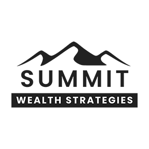 A black and white logo for summit wealth strategies with a mountain in the background.