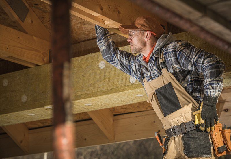 A worker inspects wood trusses for damage at a framed building site in Oshkosh and Milwaukee, WI