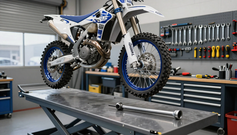 Technician servicing a motorcycle in the shop