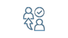 Two figures with a checkmark, one figure with an upward arrow. Representing approval or exchange.