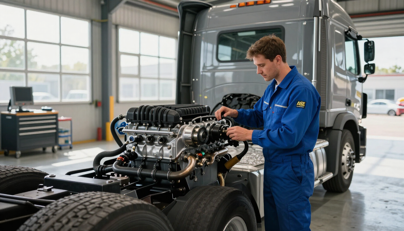 Technician inspecting truck engine