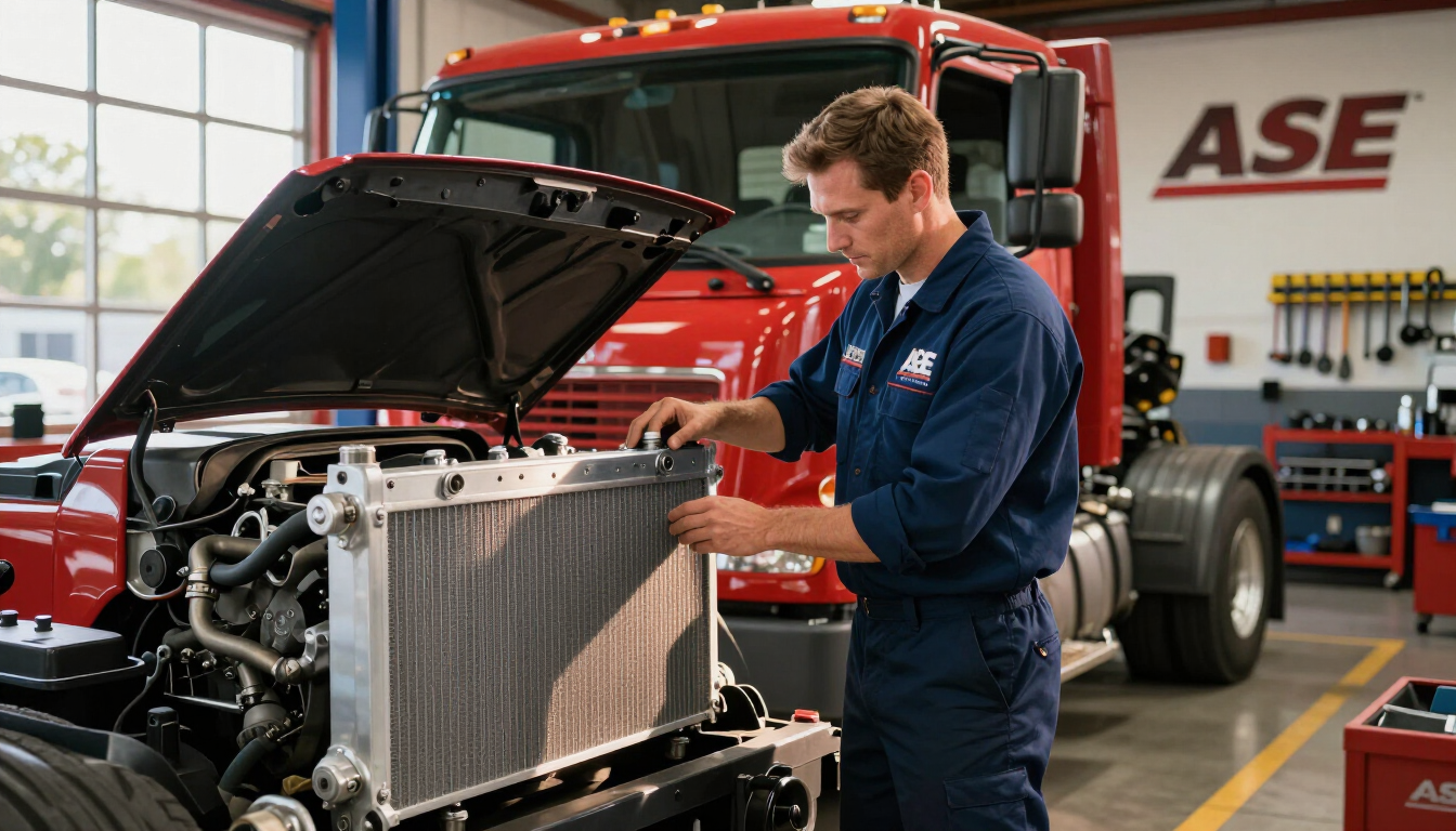 Technician inspecting truck cooling system in Fort Lauderdale shop bay